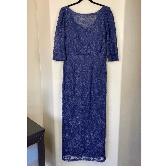 JS Collections Metallic Soutache Blouson Mesh Gown in Navy Gold, Size 10 - Picture 7 of 11